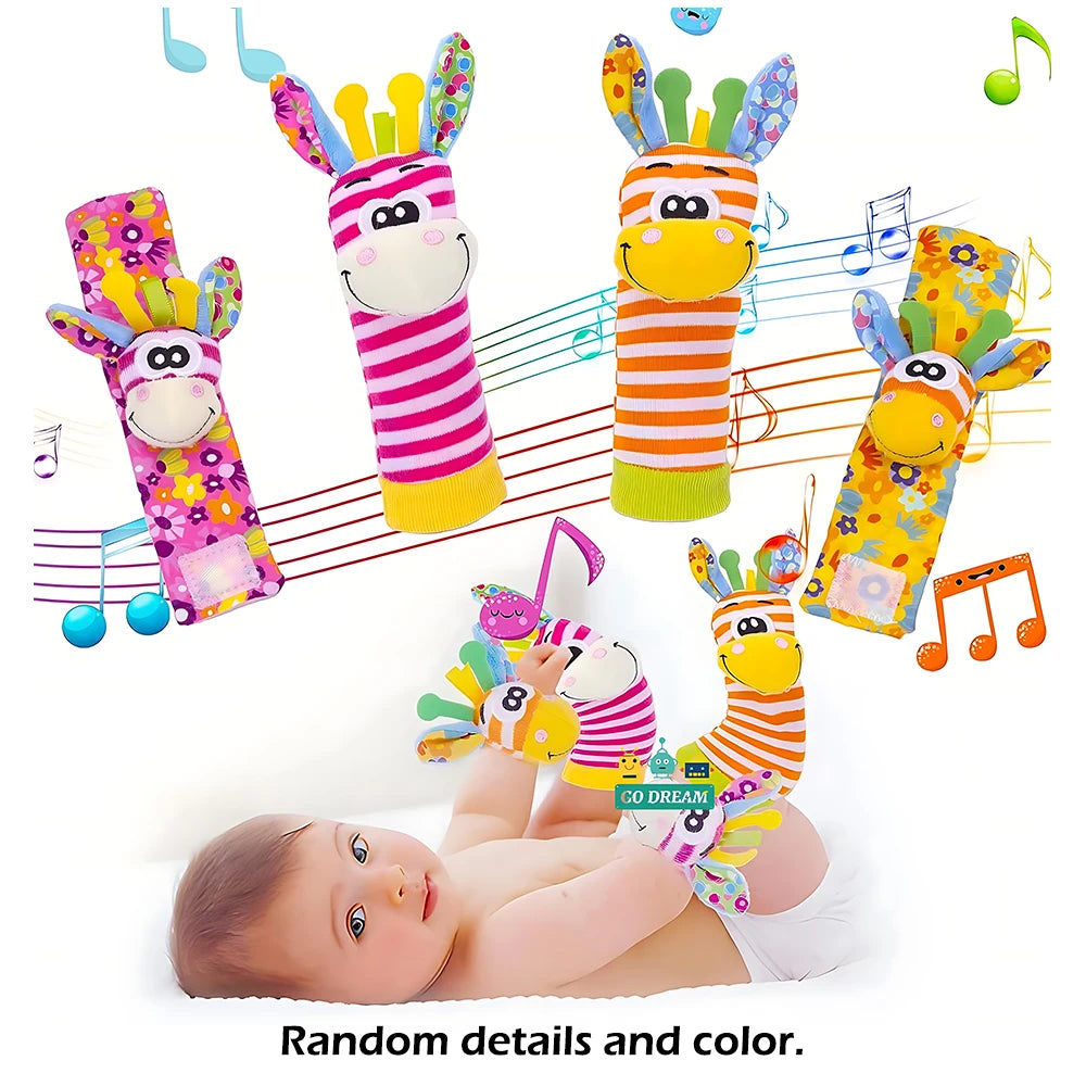 Set de 4 piezas de juguetes sonajeros para bebés: adorables animales de peluche, sonajeros de muñeca y calcetines localizadores de pies (0-24 meses); regalo para bebés recién nacidos, niños y niñas.