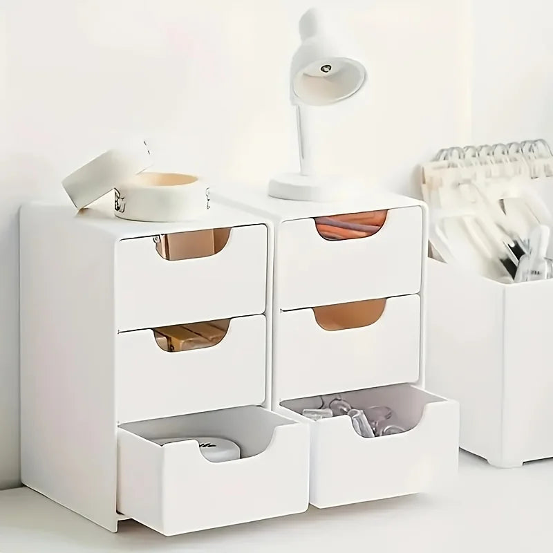 Organizador de escritorio de 3 niveles con cajones, adecuado para guardar artículos de papelería, joyas y cosméticos; caja portátil con compartimentos.