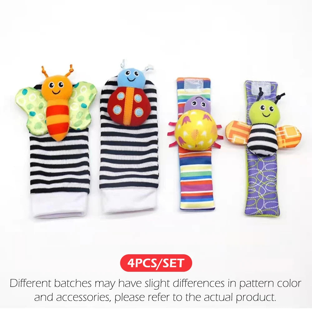 Set de 4 piezas de juguetes sonajeros para bebés: adorables animales de peluche, sonajeros de muñeca y calcetines localizadores de pies (0-24 meses); regalo para bebés recién nacidos, niños y niñas.
