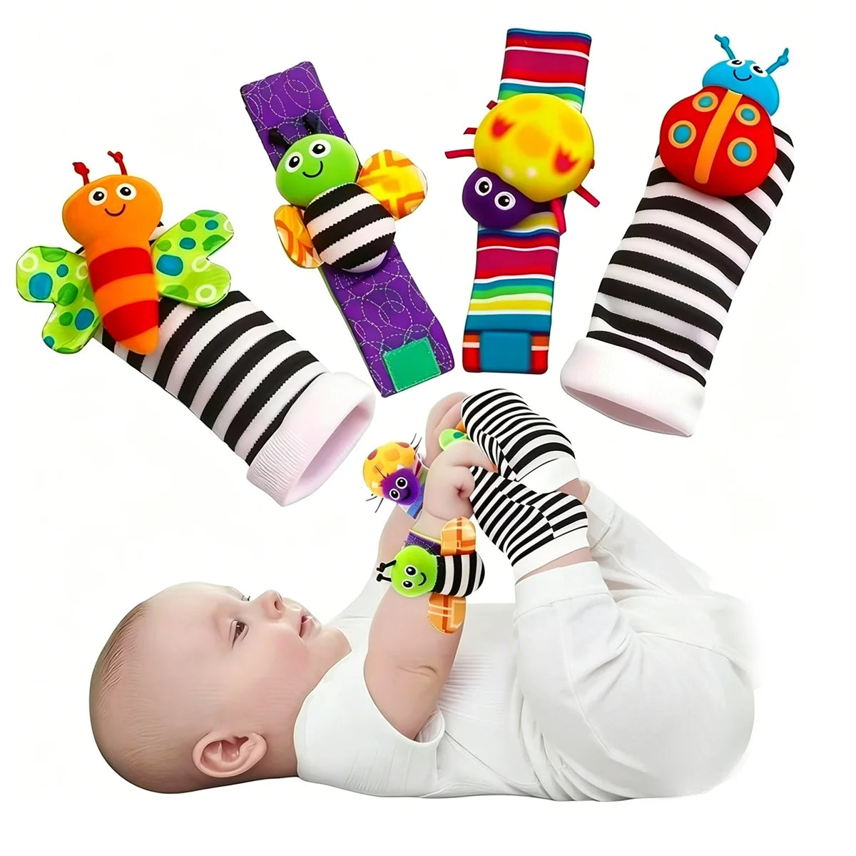 Set de 4 piezas de juguetes sonajeros para bebés: adorables animales de peluche, sonajeros de muñeca y calcetines localizadores de pies (0-24 meses); regalo para bebés recién nacidos, niños y niñas.