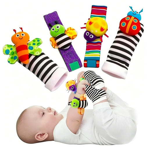 Set de 4 piezas de juguetes sonajeros para bebés: adorables animales de peluche, sonajeros de muñeca y calcetines localizadores de pies (0-24 meses); regalo para bebés recién nacidos, niños y niñas.