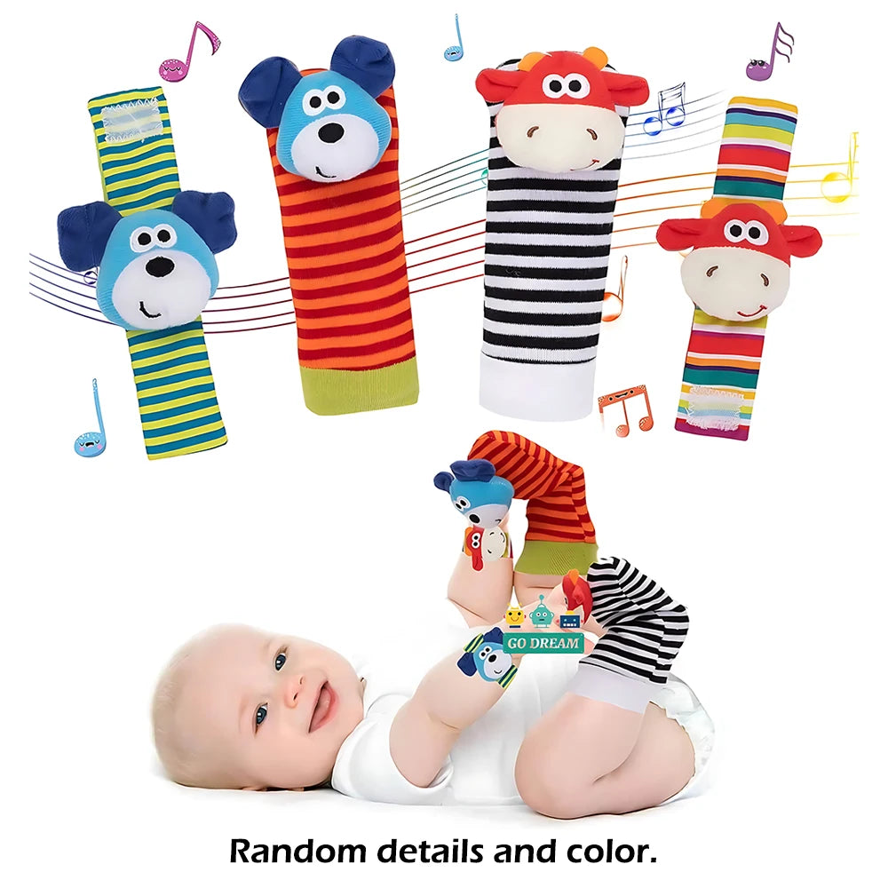 Set de 4 piezas de juguetes sonajeros para bebés: adorables animales de peluche, sonajeros de muñeca y calcetines localizadores de pies (0-24 meses); regalo para bebés recién nacidos, niños y niñas.