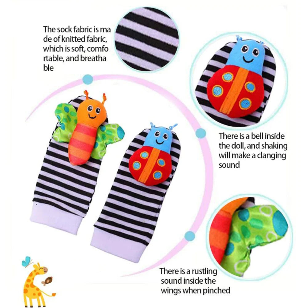Set de 4 piezas de juguetes sonajeros para bebés: adorables animales de peluche, sonajeros de muñeca y calcetines localizadores de pies (0-24 meses); regalo para bebés recién nacidos, niños y niñas.